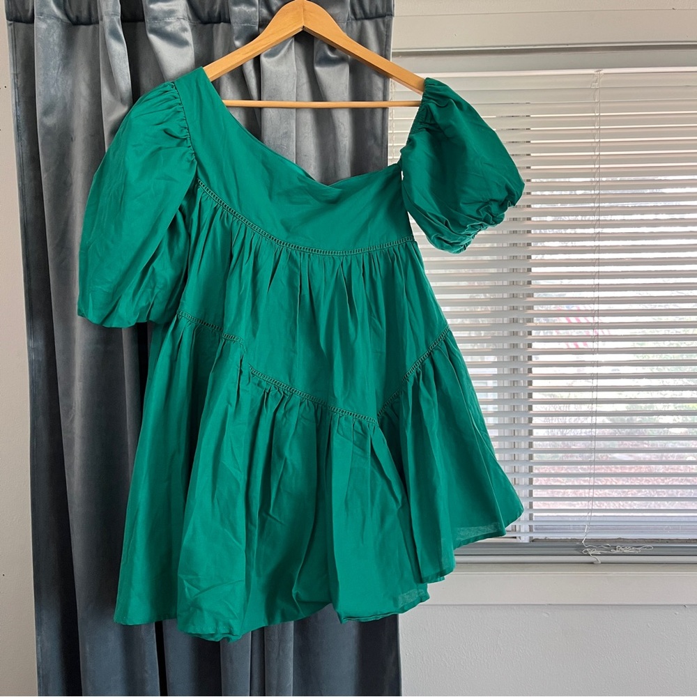 NEW ShowPo Harleen Asymmetrical Puff Sleeve Mini Dress Green Wedding Party Derby - Picture 3 of 11